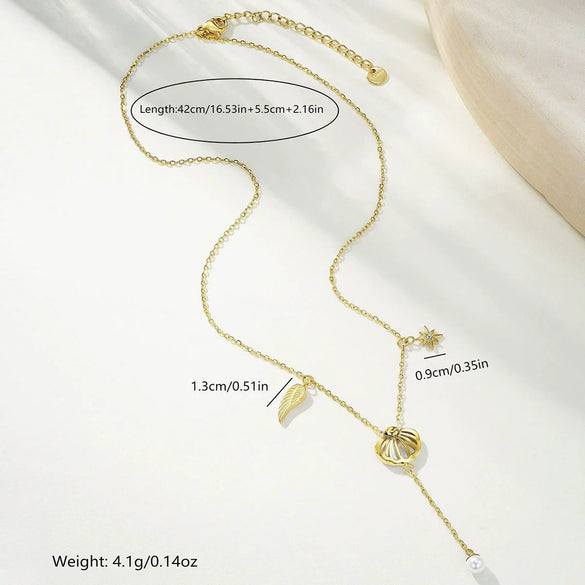 Wholesale Women's Casual Geometric Leaf Pattern Stainless Steel Electroplated Necklace With Fortune Gourd Pearl Tassel And Floral Beads