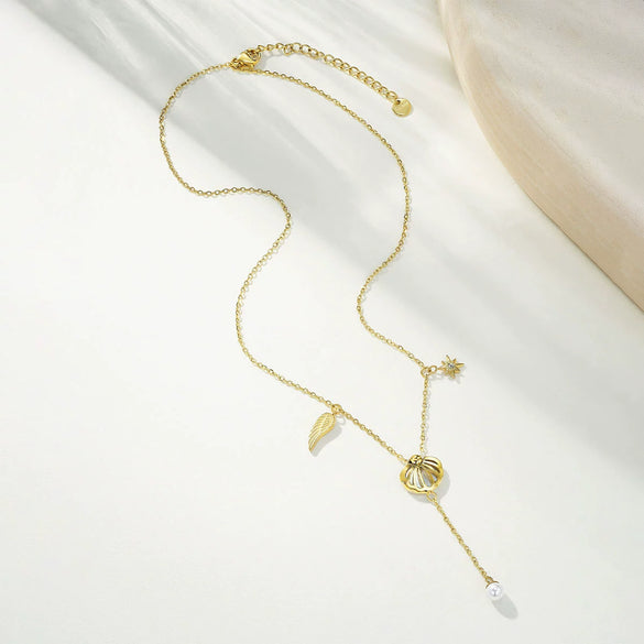 Wholesale Women's Casual Geometric Leaf Pattern Stainless Steel Electroplated Necklace With Fortune Gourd Pearl Tassel And Floral Beads