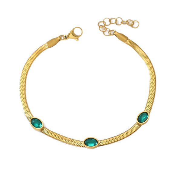 Wholesale Women's Casual Geometric Stainless Steel 14K Electroplated Snake Bone Chain Inlaid With Emeralds And Black Bead Pendant Bracelet Jewelry