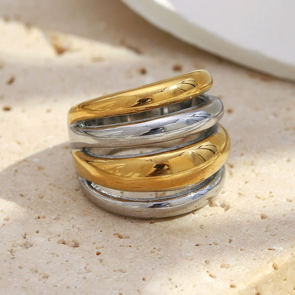 Wholesale Women's Casual Geometric Stainless Steel 18K Gold Plated Multilayer Ring