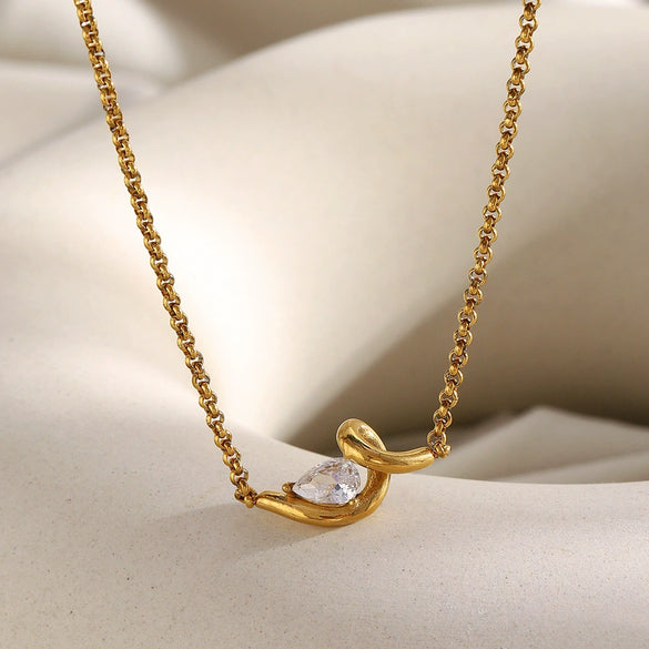 Wholesale Women's Casual Geometric Stainless Steel 18K Gold Plated Necklace With Water Drop Zircon And Round Pearl