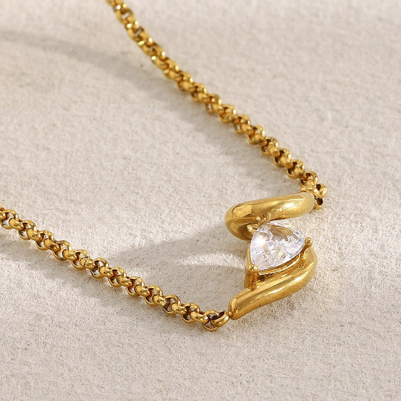 Wholesale Women's Casual Geometric Stainless Steel 18K Gold Plated Necklace With Water Drop Zircon And Round Pearl