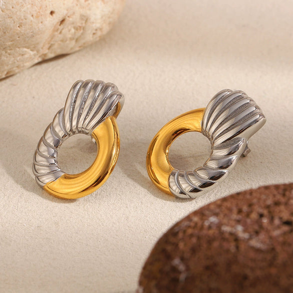 Wholesale Women's Casual Geometric Stainless Steel 18K Gold Plated Spliced Twill Ring Earrings
