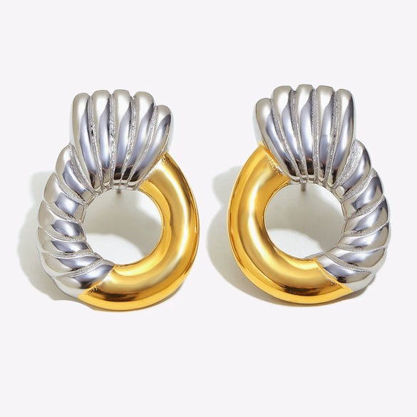 Wholesale Women's Casual Geometric Stainless Steel 18K Gold Plated Spliced Twill Ring Earrings