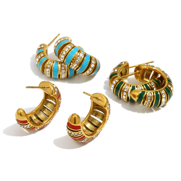 Wholesale Women's Casual Geometric Stainless Steel 18K Gold Vacuum Plated Cshaped Dot Diamond Oil Drop Earrings Jewelry