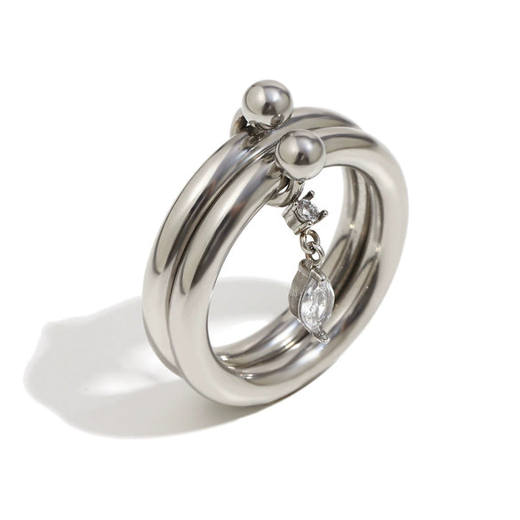 Wholesale Women's Casual Geometric Stainless Steel 18K Goldplated Handdecorated Doublelayer Ultrafine Marquise Water Drop Zirconium Ring
