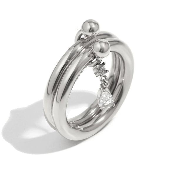 Wholesale Women's Casual Geometric Stainless Steel 18K Goldplated Handdecorated Doublelayer Ultrafine Marquise Water Drop Zirconium Ring