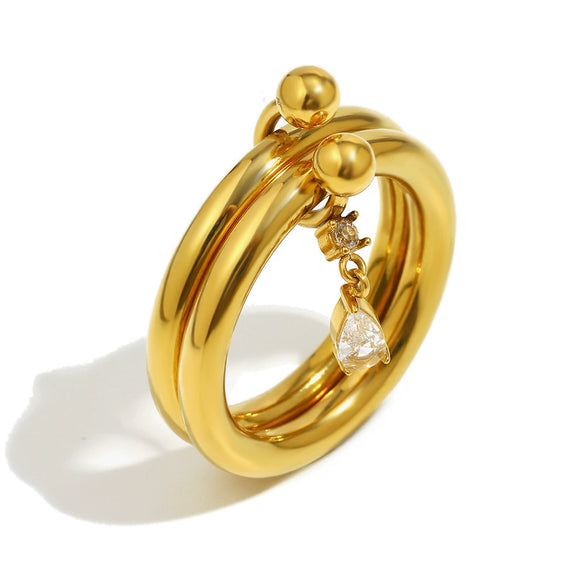 Wholesale Women's Casual Geometric Stainless Steel 18K Goldplated Handdecorated Doublelayer Ultrafine Marquise Water Drop Zirconium Ring
