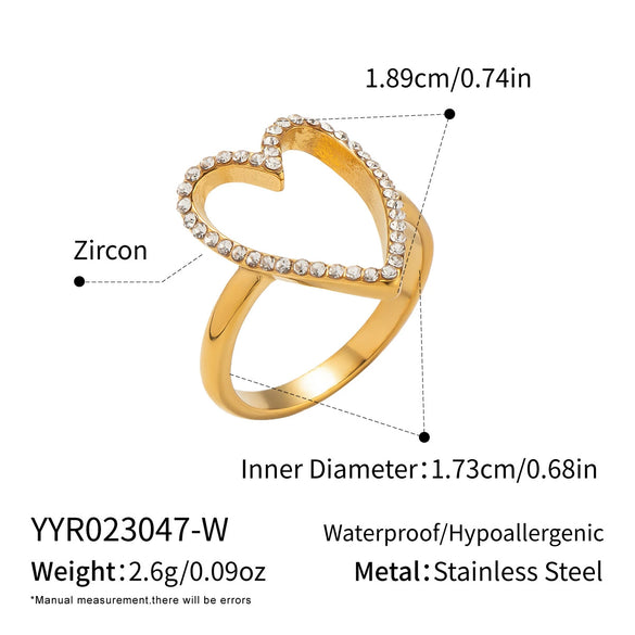 Wholesale Women's Casual Heart Shape Stainless Steel Diamondencrusted Open Ring With Pvd Furnace Vacuum Real Gold Plating