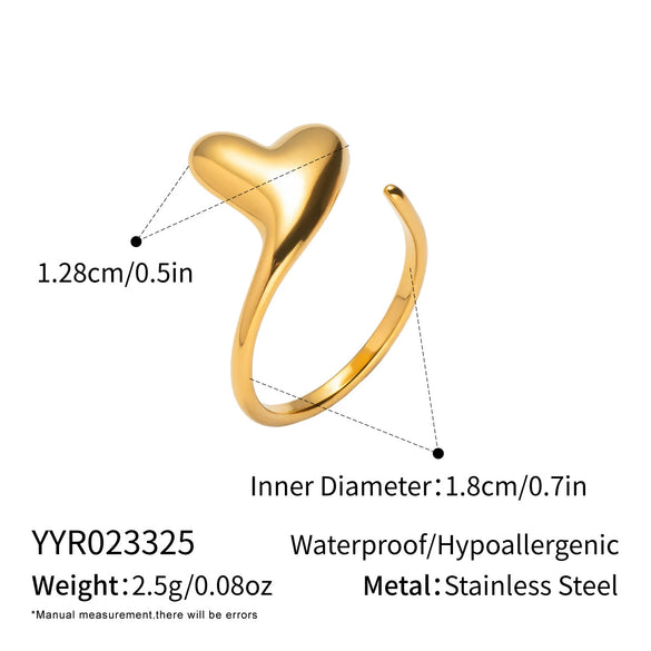 Wholesale Women's Casual Heart Shape Stainless Steel Diamondencrusted Open Ring With Pvd Furnace Vacuum Real Gold Plating