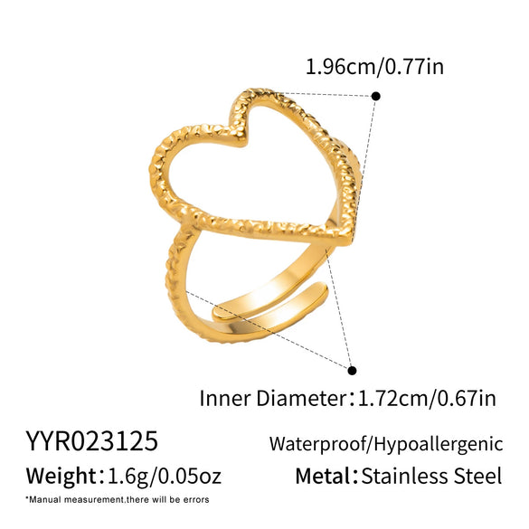 Wholesale Women's Casual Heart Shape Stainless Steel Diamondencrusted Open Ring With Pvd Furnace Vacuum Real Gold Plating