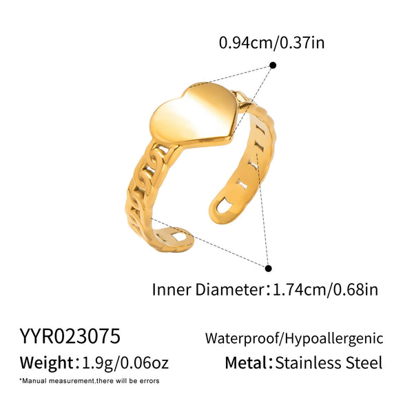 Wholesale Women's Casual Heart Shape Stainless Steel Diamondencrusted Open Ring With Pvd Furnace Vacuum Real Gold Plating