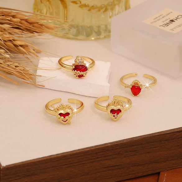 Wholesale Women's Casual Heartshaped Real Gold Plated Environmentally Friendly Copper Ring Jewelry