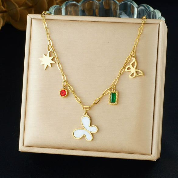 Wholesale Women's Casual Insect Shape Stainless Steel Goldplated Butterfly Pendant Necklace With Cross Chain
