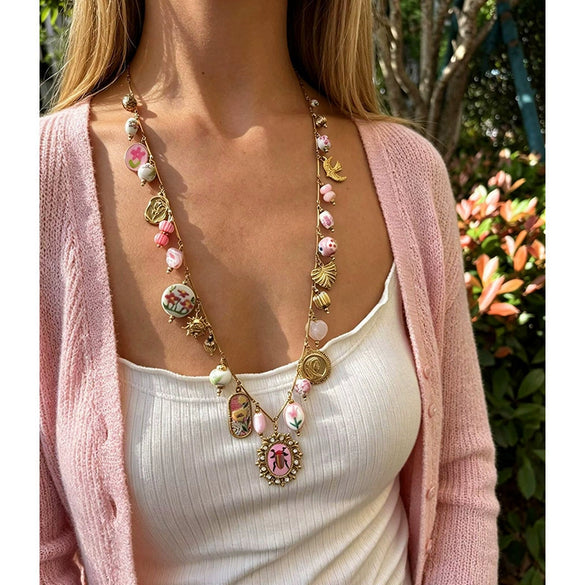 Wholesale Women's Casual Long Stainless Steel Geometric Multipendant Necklace With Polished Electroplating And Bamboo Chain