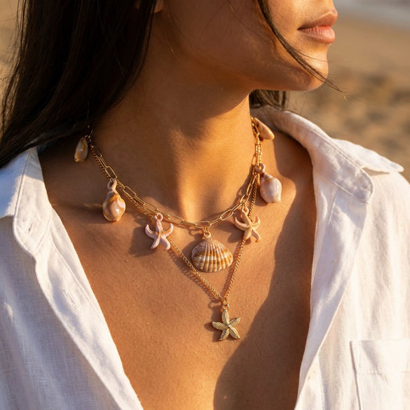 Wholesale Women's Casual Minimalist Alloy Electroplated Ocean Style Starfish And Shell Double Layered Necklace And Exaggerated Shell Choker