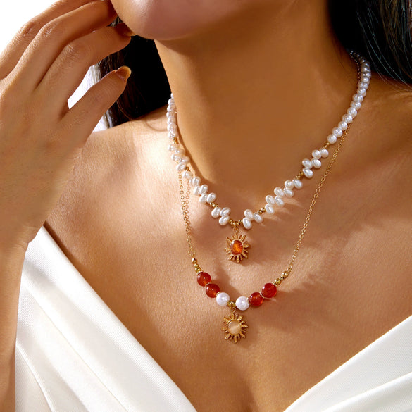 Wholesale Women's Casual Minimalist Geometric Fake Pearl And Alloy Beaded Doublelayered Necklace With Electroplated Sun Pendant