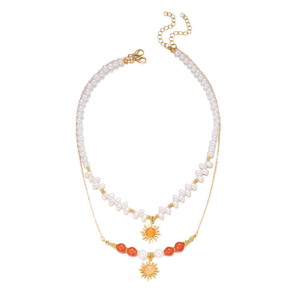 Wholesale Women's Casual Minimalist Geometric Fake Pearl And Alloy Beaded Doublelayered Necklace With Electroplated Sun Pendant