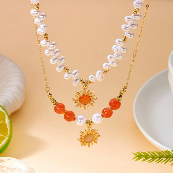 Wholesale Women's Casual Minimalist Geometric Fake Pearl And Alloy Beaded Doublelayered Necklace With Electroplated Sun Pendant