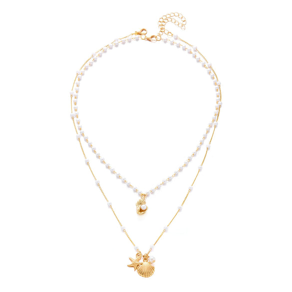 Wholesale Women's Casual Minimalist Geometric Starfish And Shell Pearl Doublelayered Necklace With Alloy Pendant And Electroplating