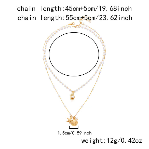Wholesale Women's Casual Minimalist Geometric Starfish And Shell Pearl Doublelayered Necklace With Alloy Pendant And Electroplating