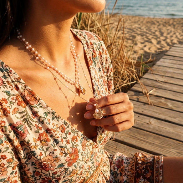 Wholesale Women's Casual Minimalist Geometric Starfish And Shell Pearl Doublelayered Necklace With Alloy Pendant And Electroplating