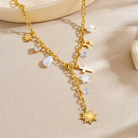 Wholesale Women's Casual Minimalist Goldplated Stainless Steel Star Pendant O Word Chain Necklace