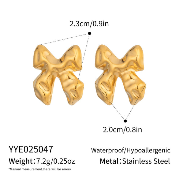 Wholesale Women's Casual Pleated Texture Bow Earrings In Titanium Steel With Vacuum Real Gold Plating