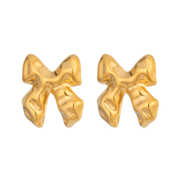 Wholesale Women's Casual Pleated Texture Bow Earrings In Titanium Steel With Vacuum Real Gold Plating