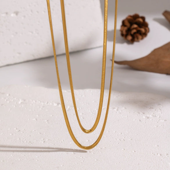 Wholesale Women's Casual Punk Hiphop Doublelayer Snake Chain Necklace Stainless Steel 18K Real Gold Plated Geometric