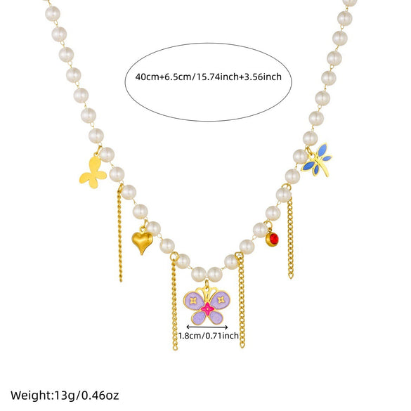 Wholesale Women's Casual Stainless Steel Electroplated Heart Shape Insect Pattern Pearl Strand Beaded Chain Necklace With Imitation Pearl Tassel Pendant