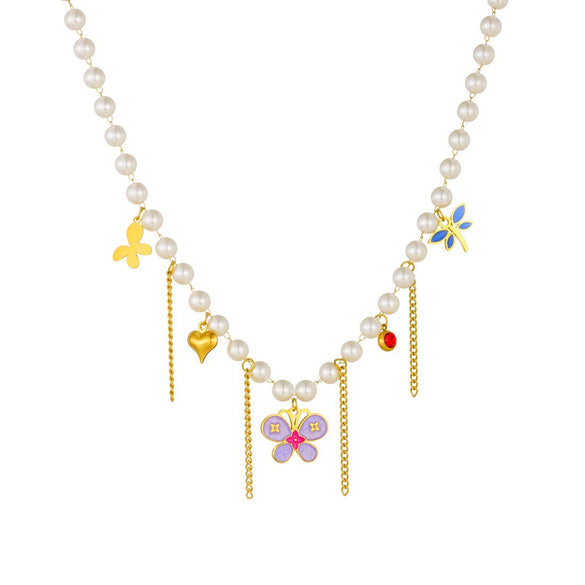 Wholesale Women's Casual Stainless Steel Electroplated Heart Shape Insect Pattern Pearl Strand Beaded Chain Necklace With Imitation Pearl Tassel Pendant