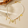 Wholesale Women's Casual Stainless Steel Electroplated Heart Shape Insect Pattern Pearl Strand Beaded Chain Necklace With Imitation Pearl Tassel Pendant