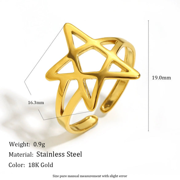 Wholesale Women's Casual Stainless Steel Electroplated 18K Gold Fivepointed Star Open Ring Hand Jewelry