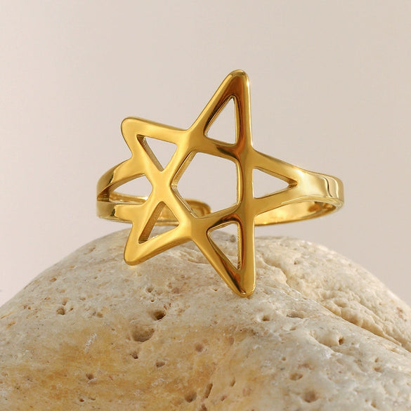 Wholesale Women's Casual Stainless Steel Electroplated 18K Gold Fivepointed Star Open Ring Hand Jewelry