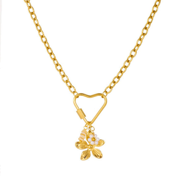 Wholesale Women's Casual Style Goldplated Stainless Steel Heartshaped Flower Pattern Pendant Necklace With Flat Cross Chain