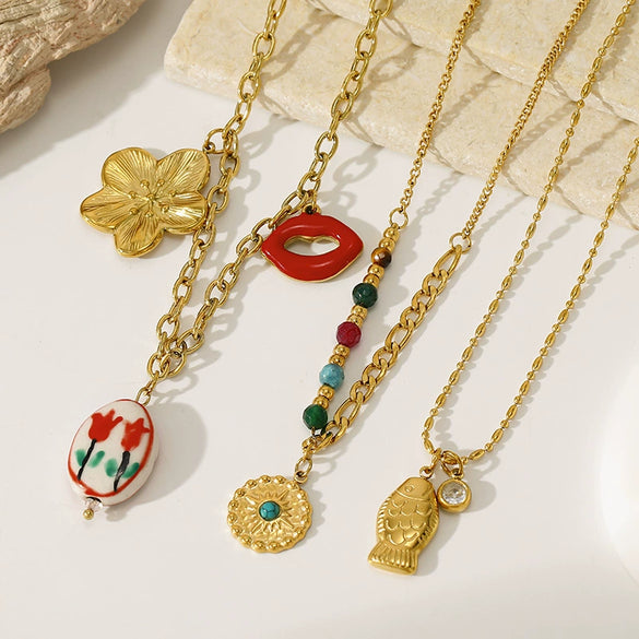Wholesale Women's Casual Style Stainless Steel Electroplated Flower Pattern Necklace With Hand Painted Tulip And Enamel Pendant