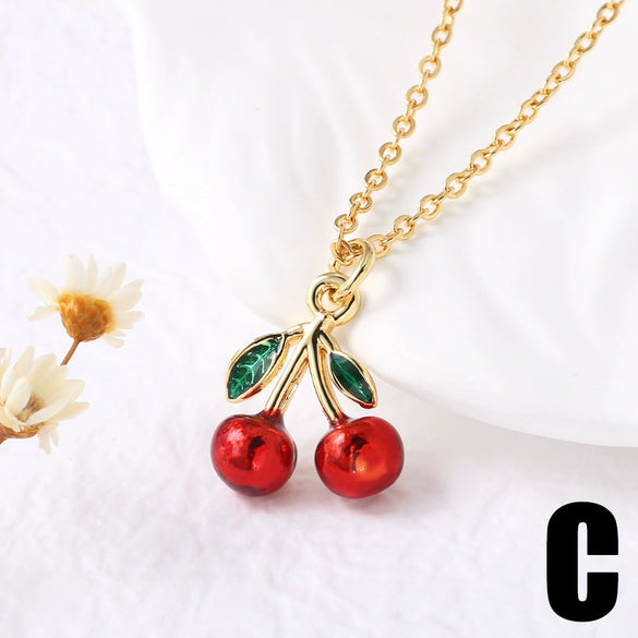 Wholesale Women's Cherry Pendant Necklace With Oil Drop Collarbone O Chain Copper Gold Plated Electroplated