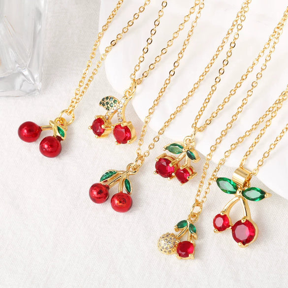 Wholesale Women's Cherry Pendant Necklace With Oil Drop Collarbone O Chain Copper Gold Plated Electroplated