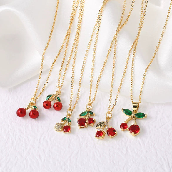 Wholesale Women's Cherry Pendant Necklace With Oil Drop Collarbone O Chain Copper Gold Plated Electroplated