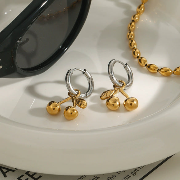 Wholesale Women's Cherry Shaped Stainless Steel Earrings With Geometric Pattern And Electroplating Treatment