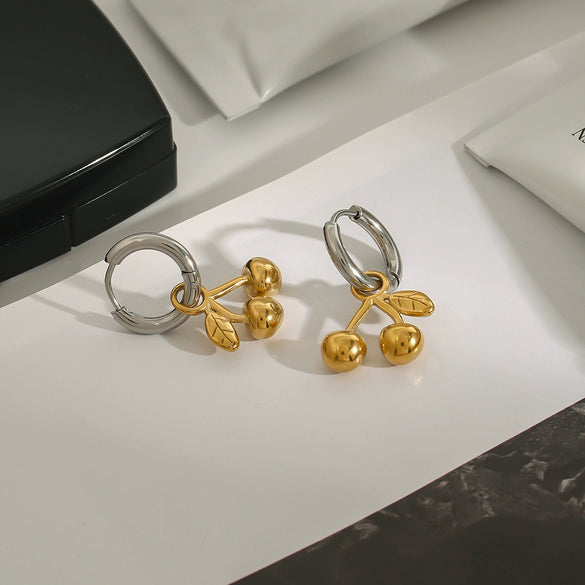 Wholesale Women's Cherry Shaped Stainless Steel Earrings With Geometric Pattern And Electroplating Treatment