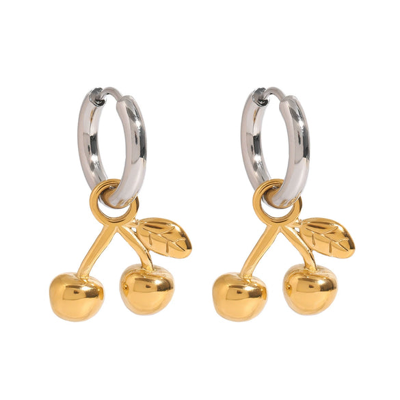 Wholesale Women's Cherry Shaped Stainless Steel Earrings With Geometric Pattern And Electroplating Treatment