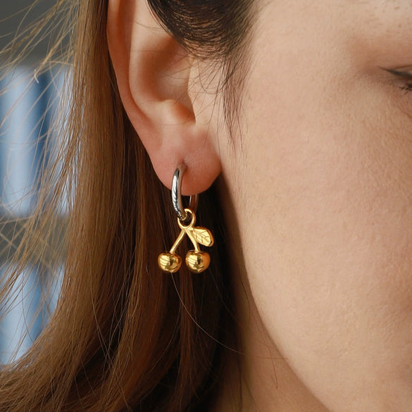 Wholesale Women's Cherry Shaped Stainless Steel Earrings With Geometric Pattern And Electroplating Treatment