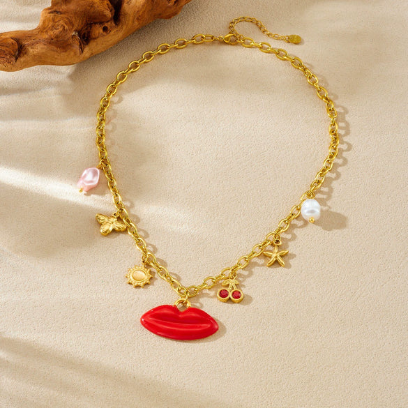 Wholesale Women's Chic Big Red Lip Cherry Star Bee Pendant Goldplated Stainless Steel Ochain Necklace