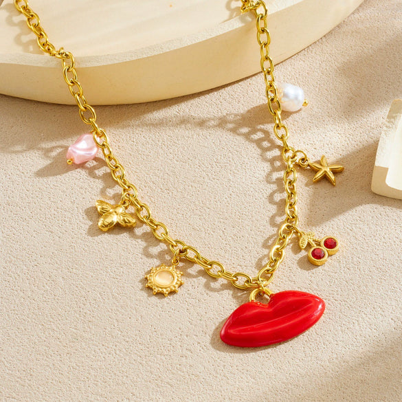 Wholesale Women's Chic Big Red Lip Cherry Star Bee Pendant Goldplated Stainless Steel Ochain Necklace