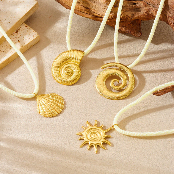 Wholesale Women's Chic Style Animal Zodiac Spiral Conch Scallop Sun Stainless Steel Goldplated Pendant Necklace With Rope Chain