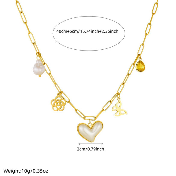 Wholesale Women's Chic Style Gold Electroplated Hollow Heart Shape Pearl Pendant Stainless Steel Necklace With Flat Cross Chain