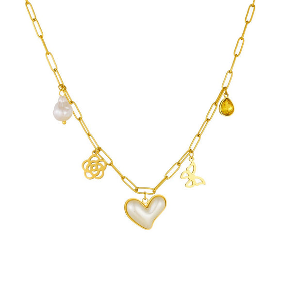 Wholesale Women's Chic Style Gold Electroplated Hollow Heart Shape Pearl Pendant Stainless Steel Necklace With Flat Cross Chain