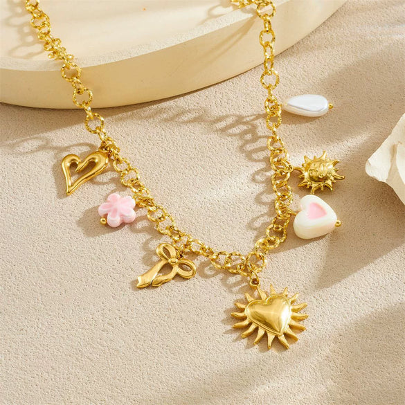 Wholesale Women's Chic Style Goldplated Heart Shape Stainless Steel Flash O Chain Clavicle Necklace With Heart Bow Pendant